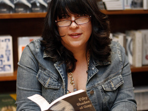 Author E L James holds a copy of Fifty Shades of Grey