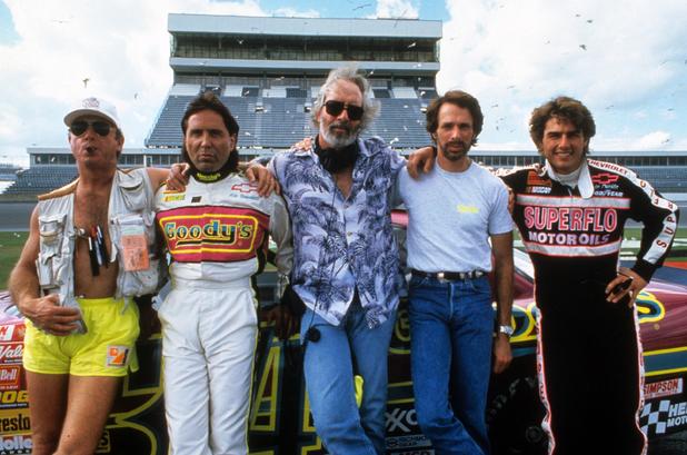 Tony Scott with Don Simpson, Robert Towne, Jerry Bruckheimer and Tom Cruise on the set of 'Days of Thunder', 1990