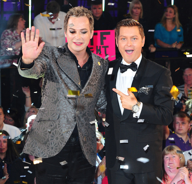 Julian Clary leaves the Celebrity Big Brother House as the winner during the live final at Elstree Studios, Borehamwood.
Picture date: Friday September 7, 2012. Photo credit should read: Ian West/PA Wire