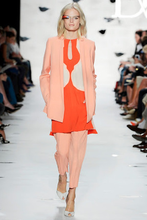 DVF model wearing Google's 'Terminator' glasses on the catwalk