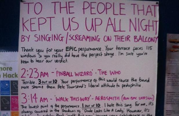 Neighbour kept up by late night karaoke posts public critique of terrible singing