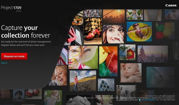 Screenshot from www.project1709.com, Canon's cloud-based photo service