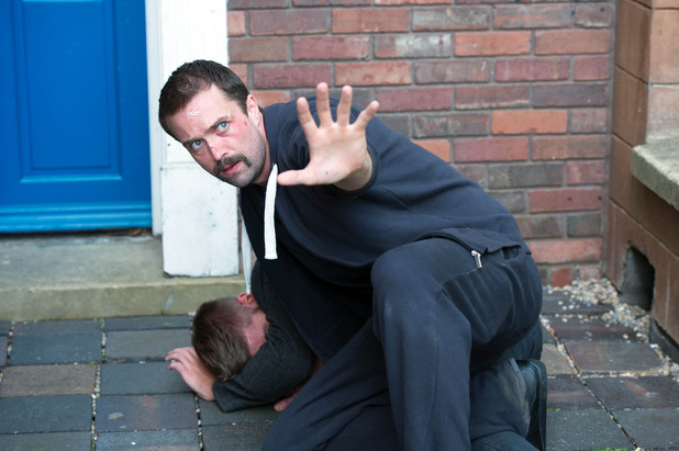 Brendan protects Ste in Hollyoaks