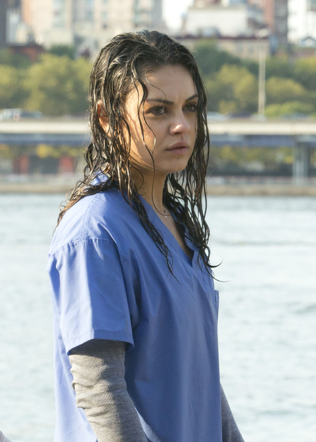 Mila Kunis on the set of 'The Angriest Man in Brooklyn' in Dumbo, Brooklyn