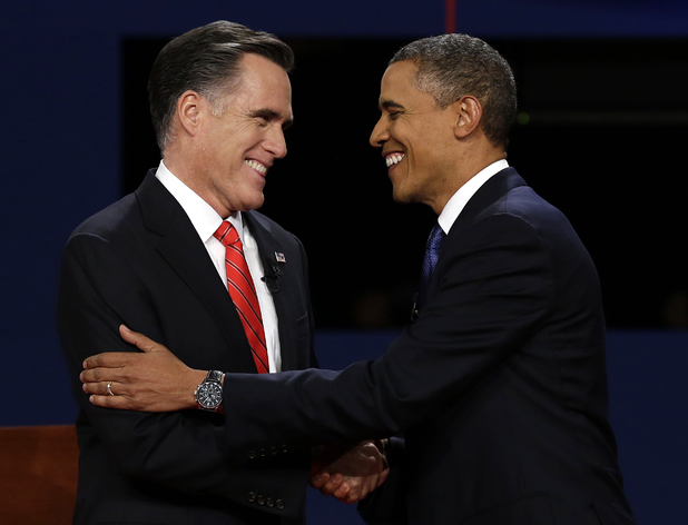 US president Barack Obama (DEM) and Massachusetts governor Mitt Romney (REP) at the first presidential debate of the 2012 election campaign - October 3, 2012