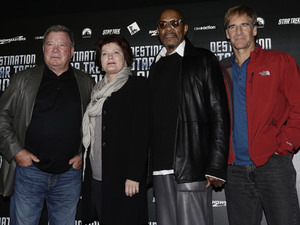 Four of the five Star Trek captains (left to right) William Shatner, Kate Mulgrew, Avery Brooks and Scott Bakula at Destination Star Trek at the ExCel Centre in London.