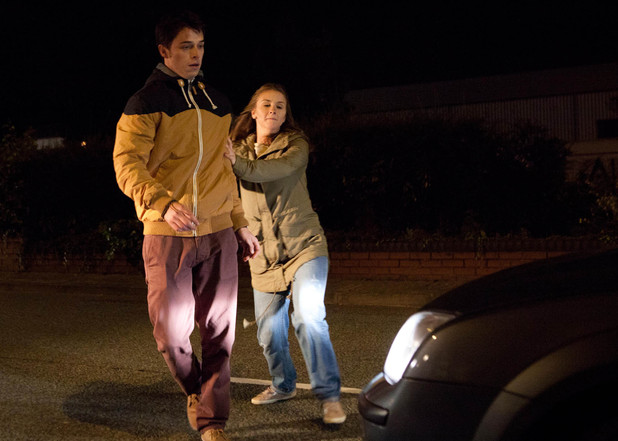Corrie, Sophie pushes Ryan out of the way of an oncoming car, Wed 24 Oct 2012