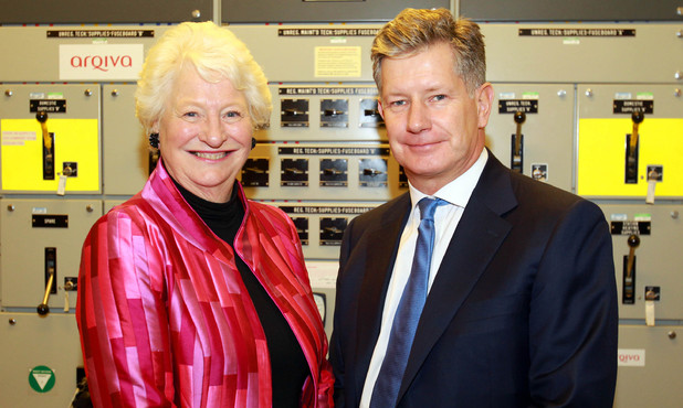 Dame Mary Peters and John Cresswell, CEO at Arqiva at the switching off, of the analogue television channels across Northern Ireland at the Divis Transmitting Station in Belfast