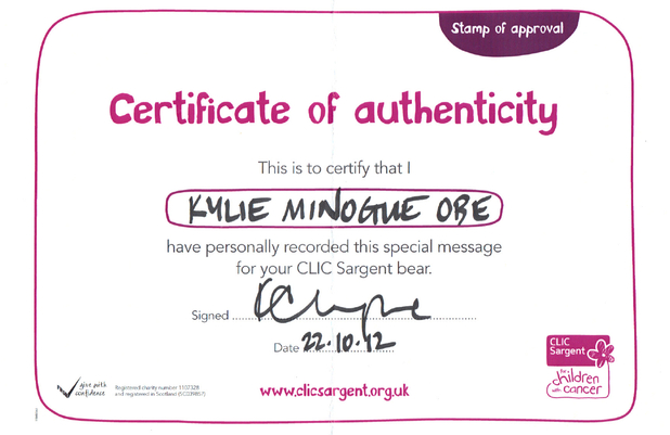 Kylie Minogue CLIC certificate
