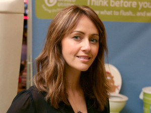 Samia Ghadie at the Trafford Centre with a giant toilet