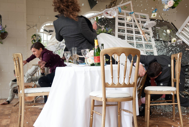 The Minibus crashes through the Orangery.