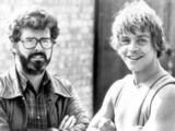 George Lucas and Mark Hamill on the set of the film 'the Empire Strikes Back' in 1980