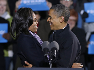 Barack and Michelle Obama on their final campaign stop, November 5