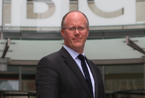 New Director General of the BBC George Entwistle poses for media outside new Broadcasting House in Central London.
