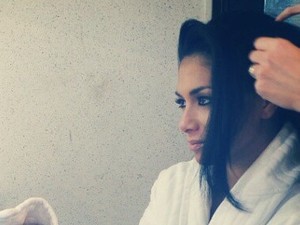 Nicole Scherzinger having her hair and make up done on the set for her new music video, Boomerang.