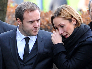 Lucy-Jo Hudson and Alan Halsall arrive at Albion United Reformed church, in Ashton Under Lyne, for the funeral of Coronation Street star Bill Tarmey