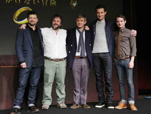 Andy Serkis, Peter Jackson, Martin Freeman, Richard Armitage and Elijah Wood arrive for The Hobbit press conference in Japan.