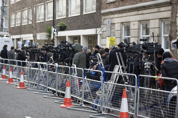 Members of the media gather in front of the King Edward VII Hospital in Central London where The Duchess of Cambridge has been undergone a pre-natal check-up following the new of her pregnancy
Featuring: Atmosphere
Where: London, United Kingdom