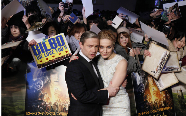Martin Freeman hugs his wife Amanda Abbington