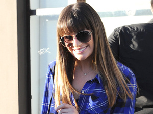 Glee star, Lea Michele at a hair salon with her mother in West Hollywood while her dad chauffeurs them around town in Cory Monteith's car
