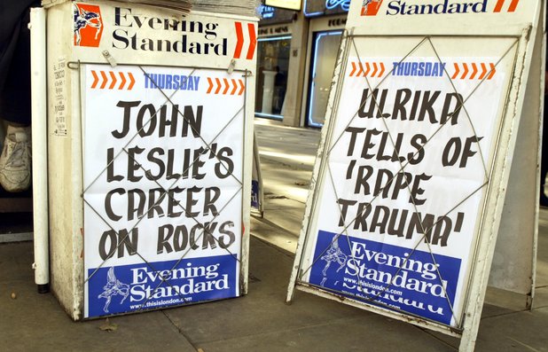 Evening Standard headlines showing story about Ulrika Jonsson rape allegations against John Leslie