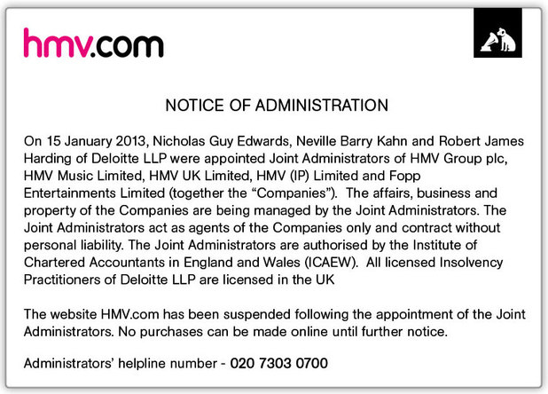 HMV.com Notice of Administration 