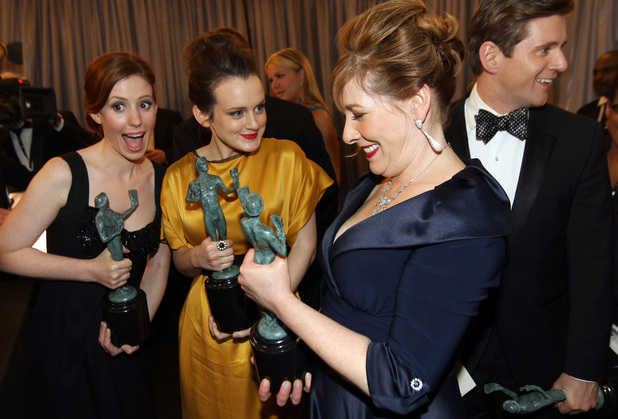 Downton Abbey's Amy Nuttall, Sophie McShera, Phyllis Logan and Allen Leech backstage at the SAG Awards 2013