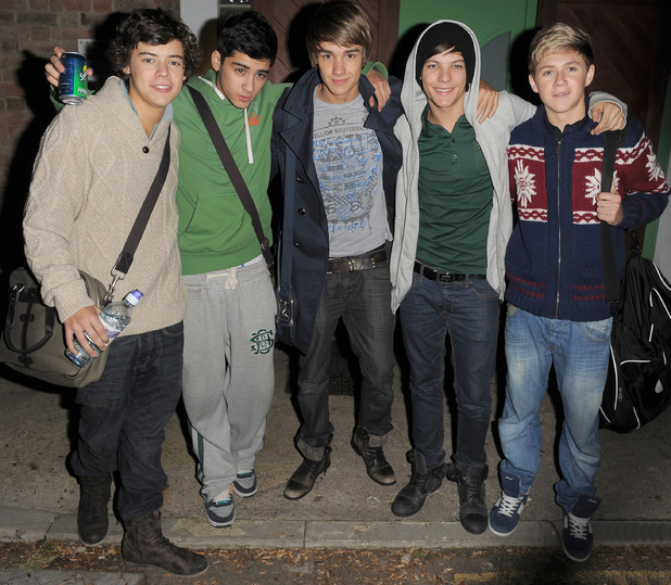 X Factor contestants Harry Styles, Zain Malik, Liam Payne, Louis Tomlinson and Niall Horan from boy band One Direction leaving a studio.
