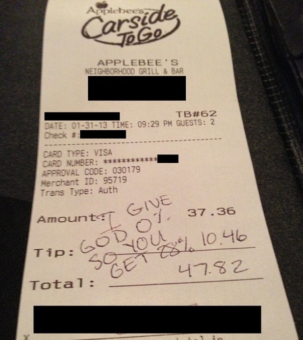 Applebee's customer spoof pastor receipt: "I give God 0%"