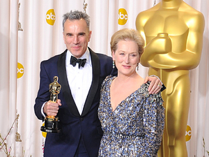 Daniel Day-Lewis with his 'Best Actor' Oscar, accompanied by Meryl Streep
