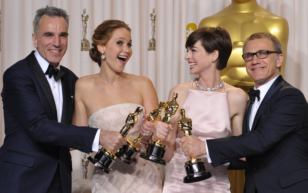 Acting award winners Daniel Day-Lewis, Jennifer Lawrence, Anne Hathaway and Christoph Waltz