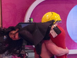 Shobna Gulati gets a fireman's lift on Loose Women
