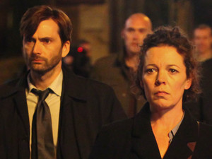 David Tennant as Alec Hardy, Olivia Colman as Ellie Miller, Andrew Buchan as Mark Latimer, Jodie Whittaker as Beth Latimer, Charlotte Beaumont as Chloe Latimer and Susan Brown as Liz Roper in 'Broadchurch' Episode 5