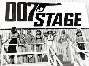 Bond girls assemble by the 007 Stage at Pinewood Studios.