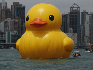 A giant Rubber Duck created by Dutch artist Florentijn Hofman is towed along Hong Kong's Victoria Habour.