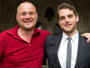 Comedian Al Murray and Paul Chambers leaving the High Court
