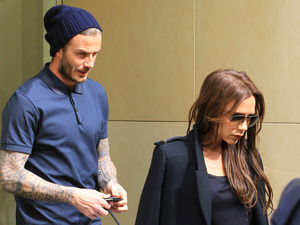 David Beckham and Victoria Beckham are seen shopping at Balenciaga in Paris.
