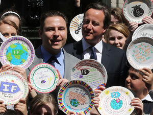 David Walliams & David Cameron pose on the steps of 10 Downing Street with 100 school children ahead of the Nutrition for Growth Summit