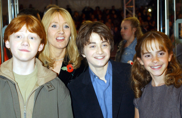 The stars from left to right; Rupert Grint, Daniel Radcliffe and Emma Watson with the author J K Rowling arrive for world premiere of 'Harry Potter and the Philosopher's Stone at the Odeon Leicester Square in London.