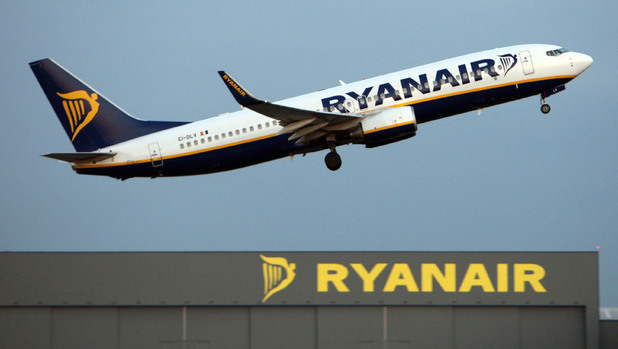 A Ryanair jet taking off from Stansted Airport