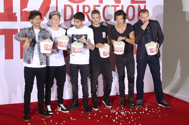 'One Direction: This Is Us' film photocall, London, Britain - 19 Aug 2013 One Direction - Louis Tomlinson, Niall Horan, Zayn Malik, Liam Payne and Harry Styles throwing popcorn at the photographers 19 Aug 2013