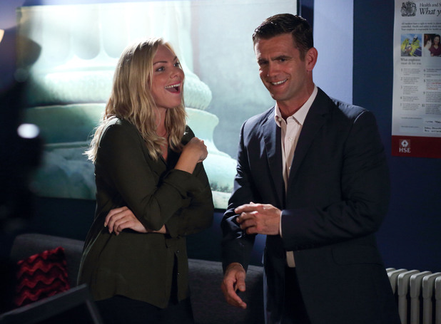 Samantha Womack and Scott Maslen share a laugh between takes.