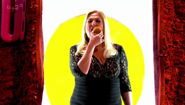 Celebrity Juice. Shown on ITV2 HD Vanessa Feltz is seen licking a Scotch Egg as part of 'The Scotch Egg Club Game'.