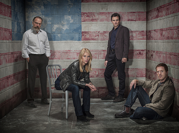 Homeland season 3 iconic image: Mandy Patinkin as Saul Berenson, Claire Danes as Carrie Mathison, Rupert Friend as Peter Quinn and Damian Lewis as Nicholas Brody