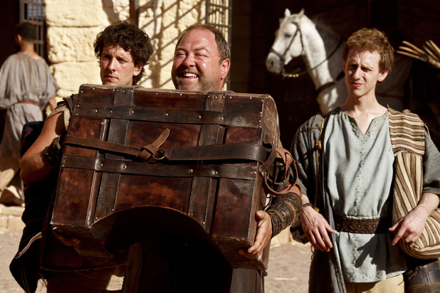 Jason (Jack Donnelly), Hercules (Mark Addy) and Pythagoras (Robert Emms) in Atlantis episode 8: 'The Furies'