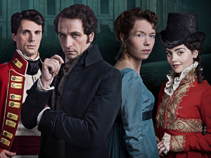 Matthew Goode as Wickham, Matthew Rhys as Darcy, Anna Maxwell-Martin as Elizabeth and Jenna Coleman as Lydia Wickham in Death Comes to Pemberley