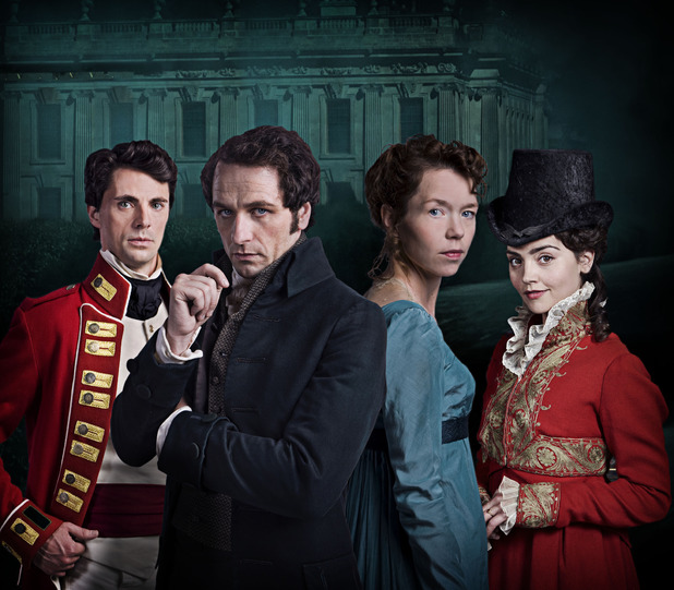 Matthew Goode as Wickham, Matthew Rhys as Darcy, Anna Maxwell-Martin as Elizabeth and Jenna Coleman as Lydia Wickham in Death Comes to Pemberley