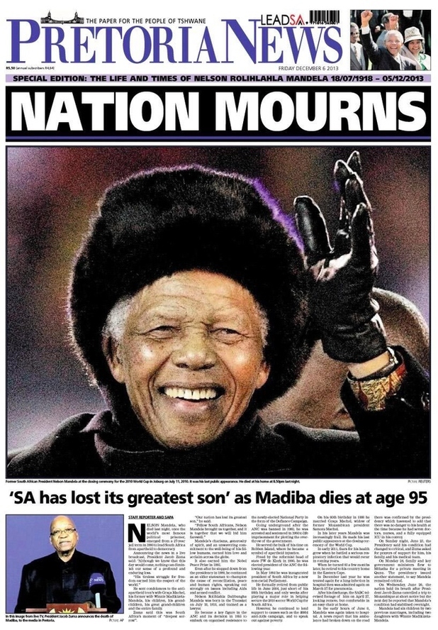 Pretoria News Nelson Mandela newspaper front covers Digital Spy