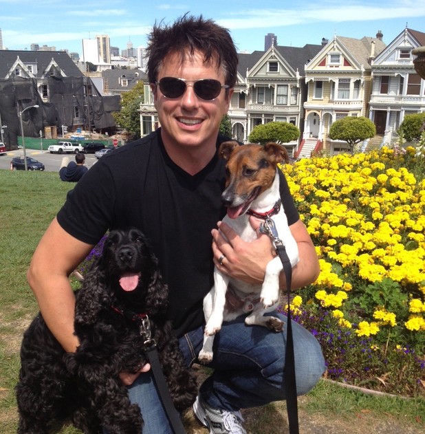 John Barrowman with his dogs Captain Jack and Harris