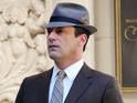 A smartly-dressed Don Draper stands outside a hotel in the first images.